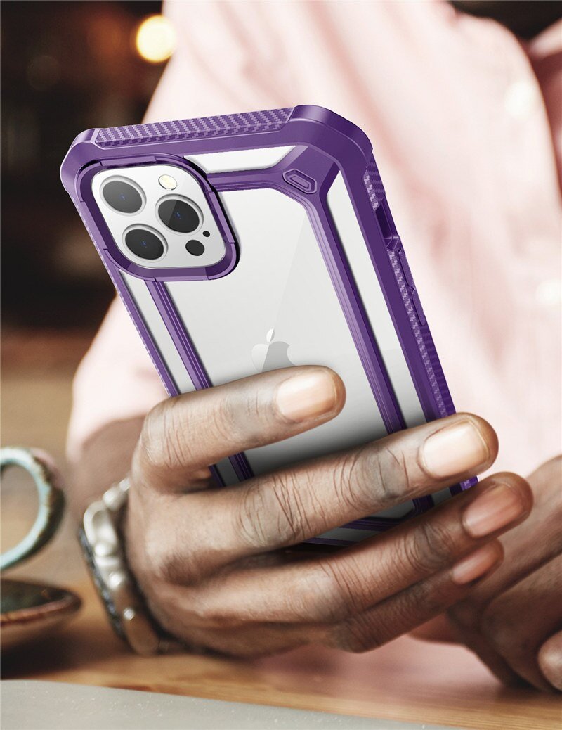 UB EXO Pro Hybrid Clear Case for iPhone 12 Pro Max, showcasing its clear bumper design and built-in screen protector.