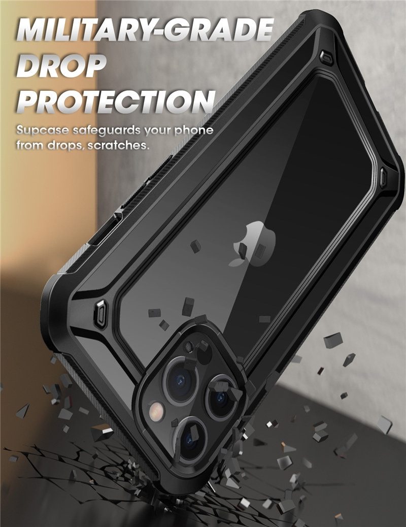 UB EXO Pro Hybrid Clear Case for iPhone 12 Pro Max, showcasing its clear bumper design and built-in screen protector.