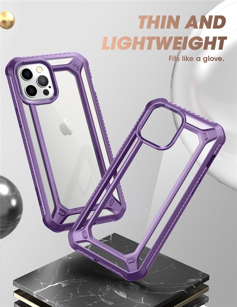 UB EXO Pro Hybrid Clear Case for iPhone 12 Pro Max, showcasing its clear bumper design and built-in screen protector.