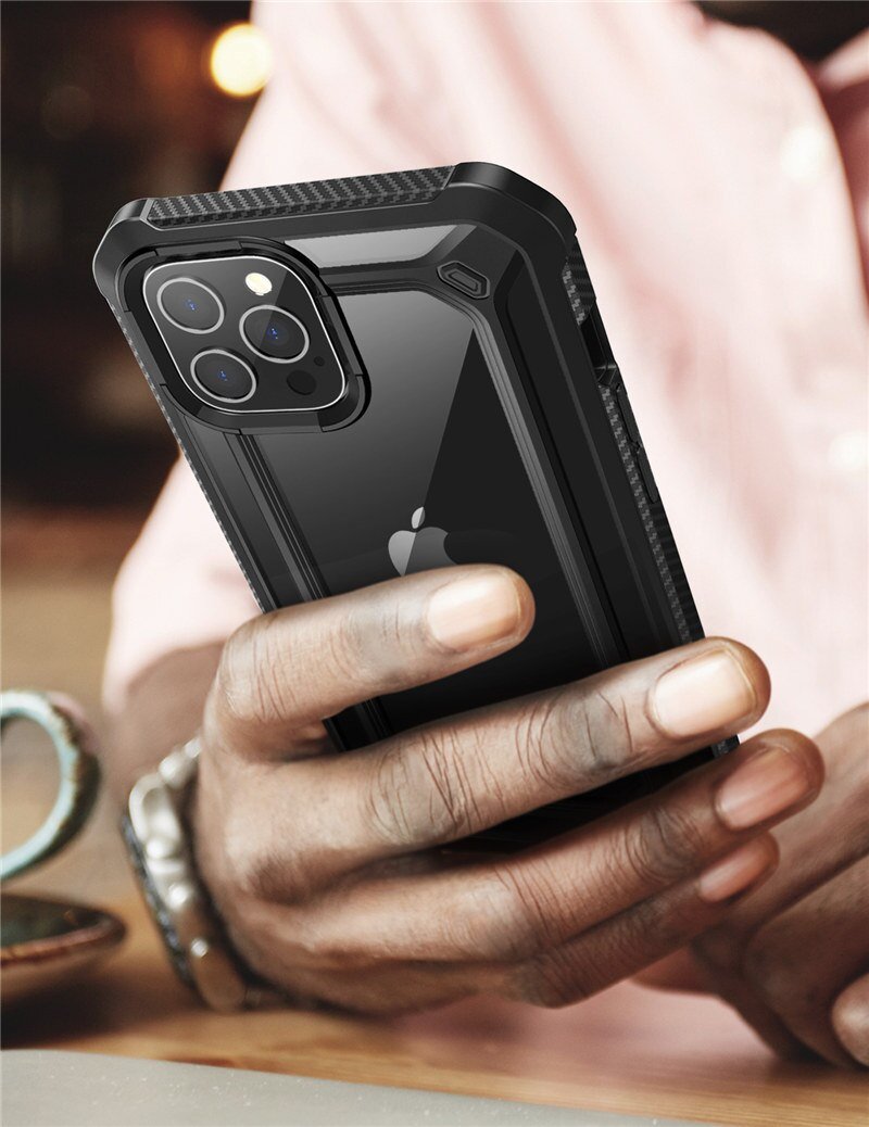 UB EXO Pro Hybrid Clear Case for iPhone 12 Pro Max, showcasing its clear bumper design and built-in screen protector.