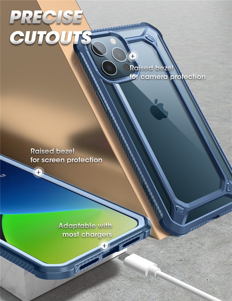 UB EXO Pro Hybrid Clear Case for iPhone 12 Pro Max, showcasing its clear bumper design and built-in screen protector.
