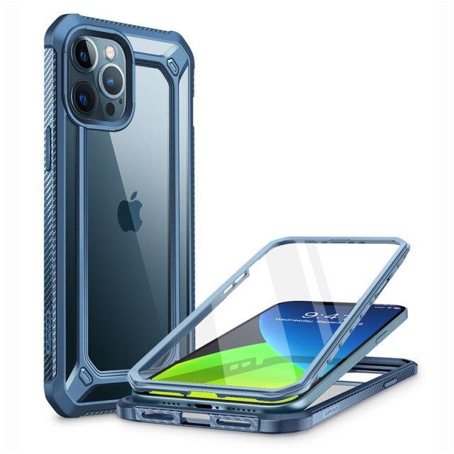 UB EXO Pro Hybrid Clear Case for iPhone 12 Pro Max, showcasing its clear bumper design and built-in screen protector.