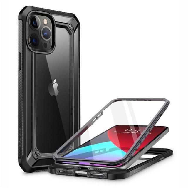 UB EXO Pro Hybrid Clear Case for iPhone 12 Pro Max, showcasing its clear bumper design and built-in screen protector.