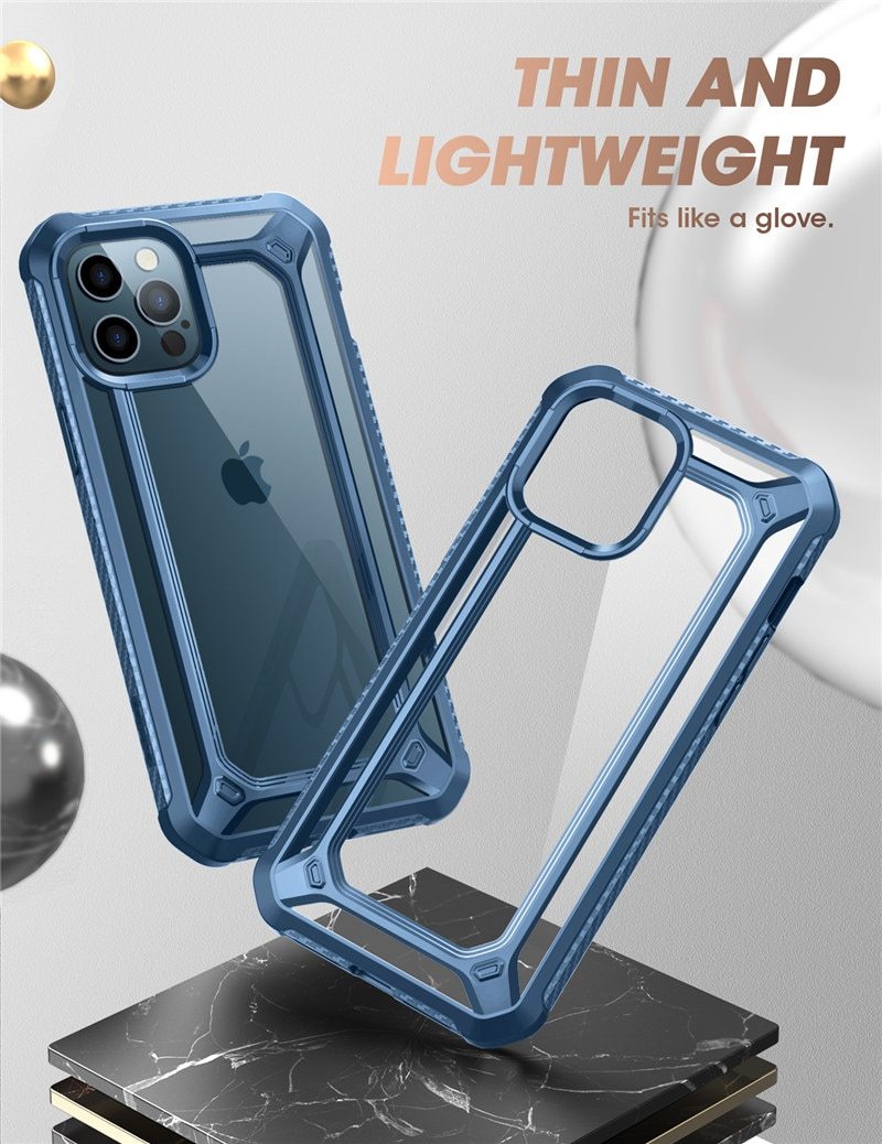 UB EXO Pro Hybrid Clear Case for iPhone 12 Pro Max, showcasing its clear bumper design and built-in screen protector.