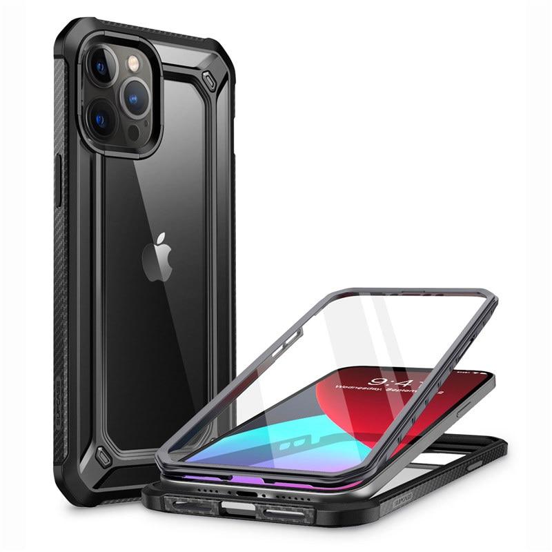 UB EXO Pro Hybrid Clear Case for iPhone 12 Pro Max, showcasing its clear bumper design and built-in screen protector.