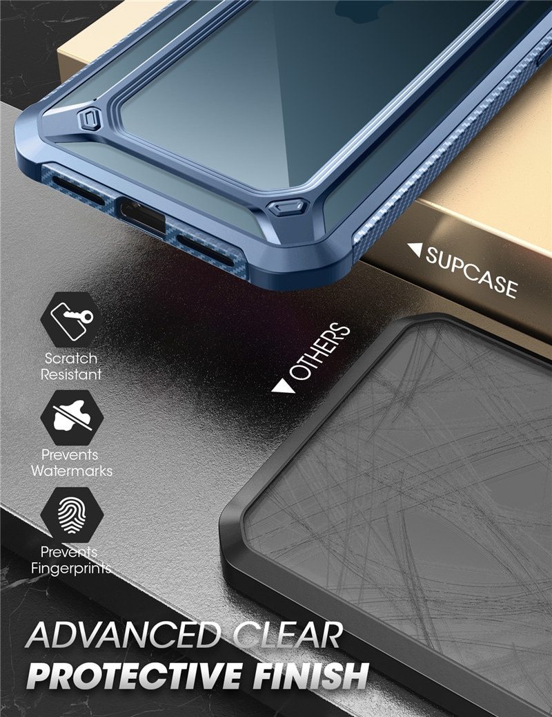 UB EXO Pro Hybrid Clear Case for iPhone 12 Pro Max, showcasing its clear bumper design and built-in screen protector.