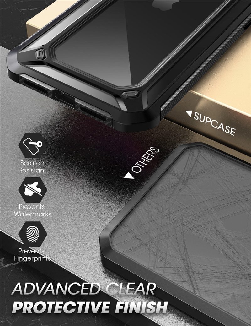 UB EXO Pro Hybrid Clear Case for iPhone 12 Pro Max, showcasing its clear bumper design and built-in screen protector.