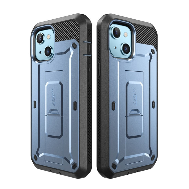 iPhone 13 UB Pro Full-Body Rugged Holster Case in black with built-in screen protector and kickstand feature.