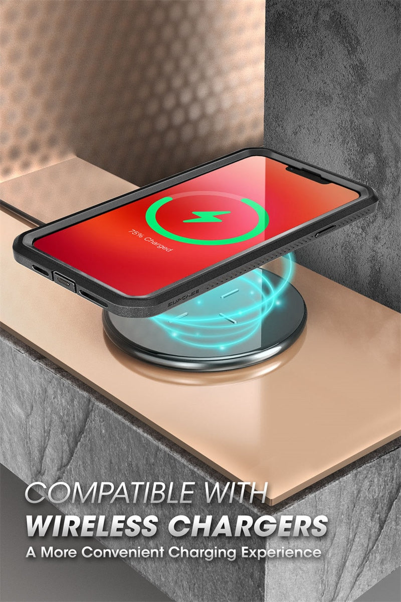 iPhone 13 UB Pro Full-Body Rugged Holster Case in black with built-in screen protector and kickstand feature.