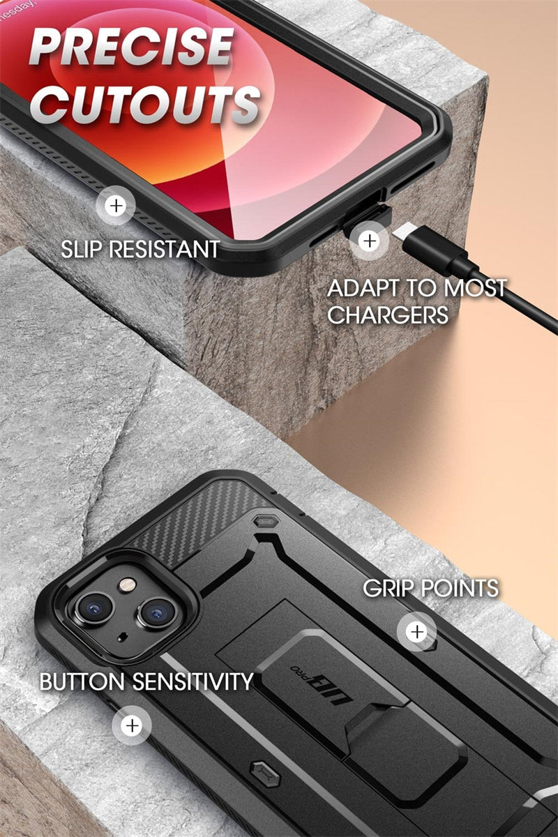 iPhone 13 UB Pro Full-Body Rugged Holster Case in black with built-in screen protector and kickstand feature.