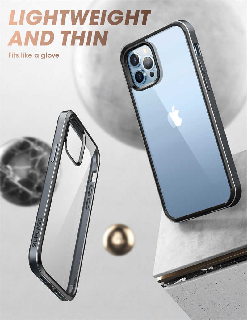 IPhone 13 Pro Case 6.1 inch UB Edge Pro Slim Frame in black with clear back and built-in screen protector, showcasing its sleek design.