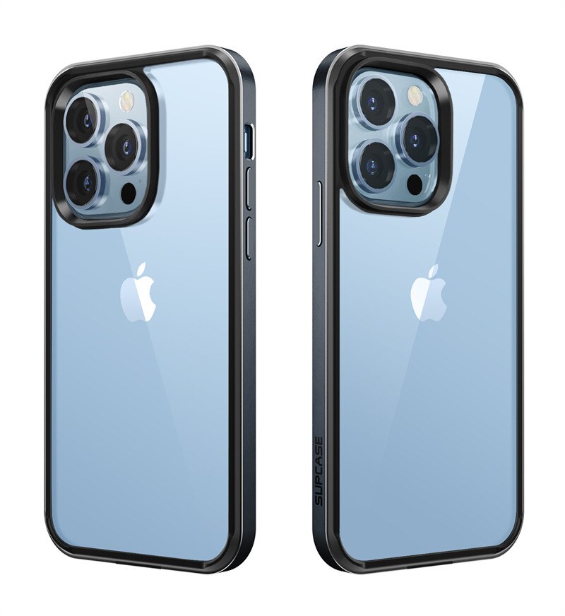 IPhone 13 Pro Case 6.1 inch UB Edge Pro Slim Frame in black with clear back and built-in screen protector, showcasing its sleek design.