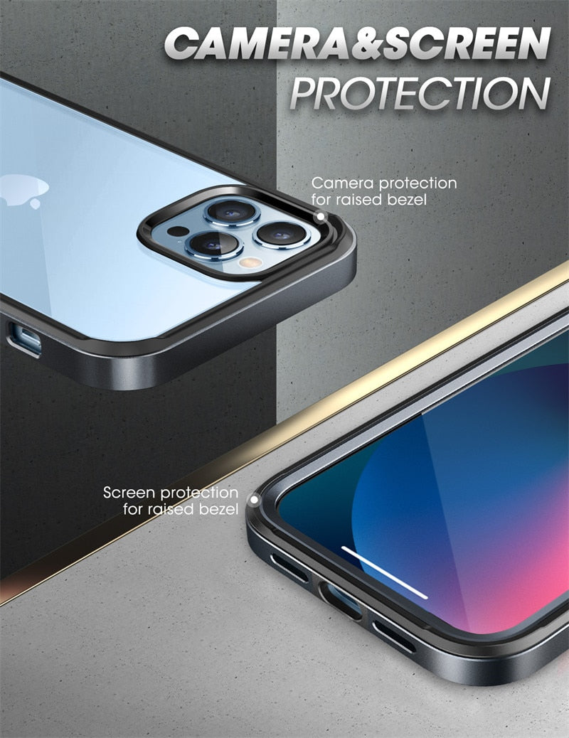 IPhone 13 Pro Case 6.1 inch UB Edge Pro Slim Frame in black with clear back and built-in screen protector, showcasing its sleek design.