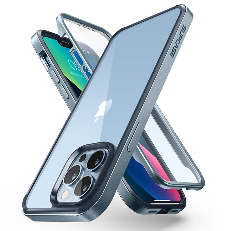 IPhone 13 Pro Case 6.1 inch UB Edge Pro Slim Frame in black with clear back and built-in screen protector, showcasing its sleek design.