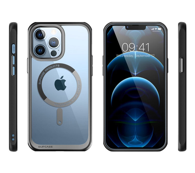 IPhone 13 Pro Case 6.1 inch UB Mag Series Premium Hybrid with clear back and colorful TPU bumper, showcasing its slim design.