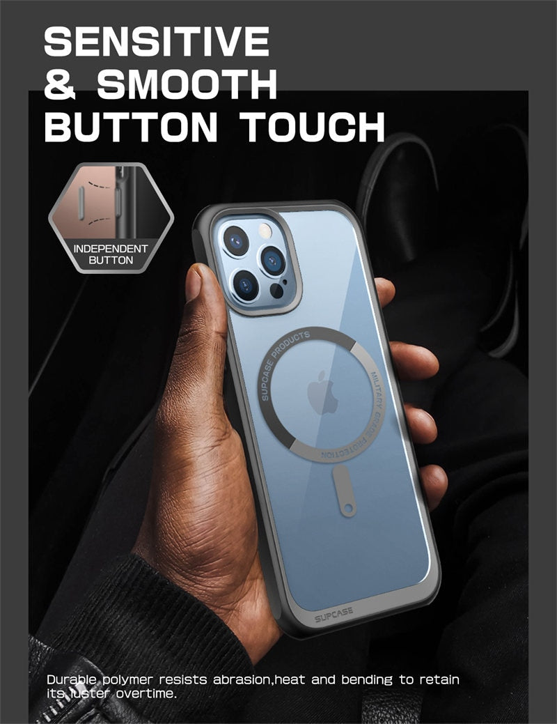 IPhone 13 Pro Case 6.1 inch UB Mag Series Premium Hybrid with clear back and colorful TPU bumper, showcasing its slim design.