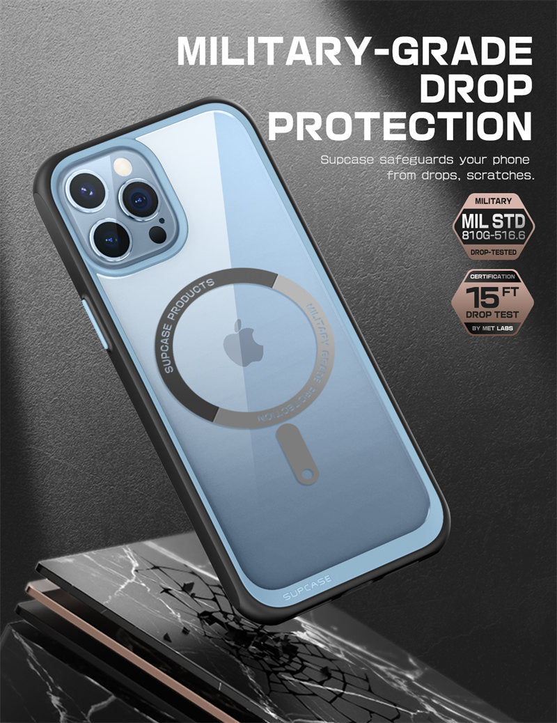 IPhone 13 Pro Case 6.1 inch UB Mag Series Premium Hybrid with clear back and colorful TPU bumper, showcasing its slim design.