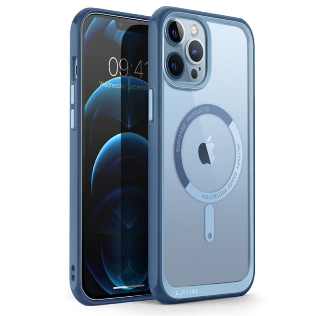 IPhone 13 Pro Case 6.1 inch UB Mag Series Premium Hybrid with clear back and colorful TPU bumper, showcasing its slim design.