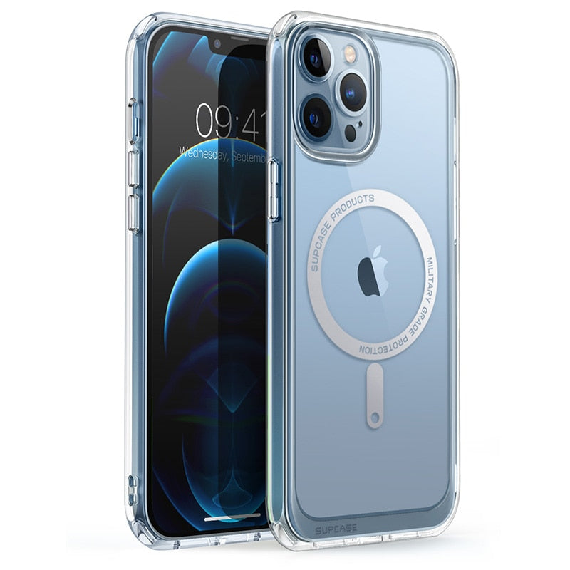 IPhone 13 Pro Case 6.1 inch UB Mag Series Premium Hybrid with clear back and colorful TPU bumper, showcasing its slim design.