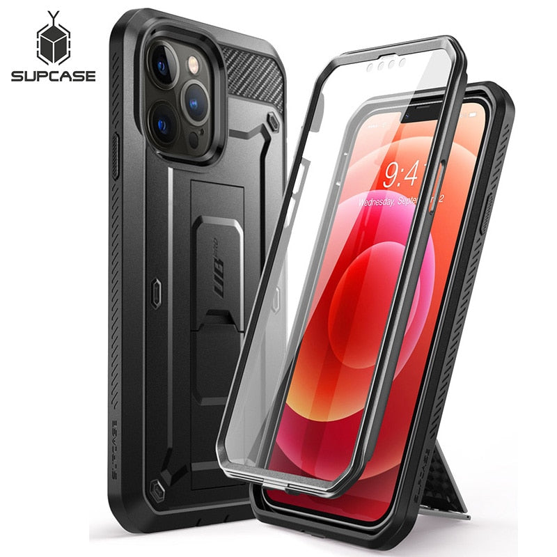 IPhone 13 Pro Max UB Pro Full-Body Rugged Holster Case in various colors with built-in screen protector and kickstand.