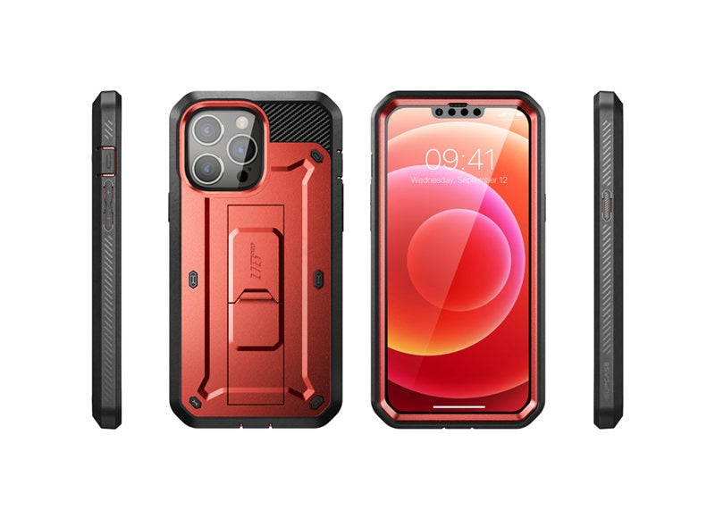 IPhone 13 Pro Max UB Pro Full-Body Rugged Holster Case in various colors with built-in screen protector and kickstand.