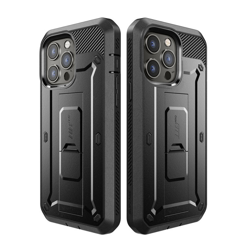 IPhone 13 Pro Max UB Pro Full-Body Rugged Holster Case in various colors with built-in screen protector and kickstand.