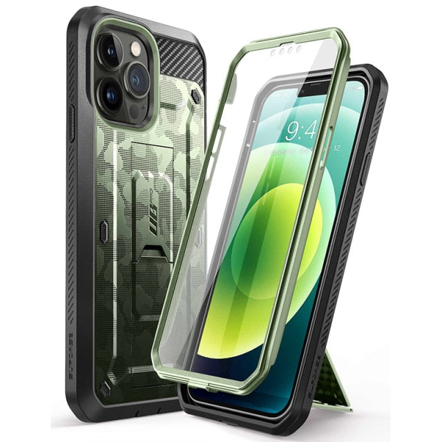 IPhone 13 Pro Max UB Pro Full-Body Rugged Holster Case in various colors with built-in screen protector and kickstand.