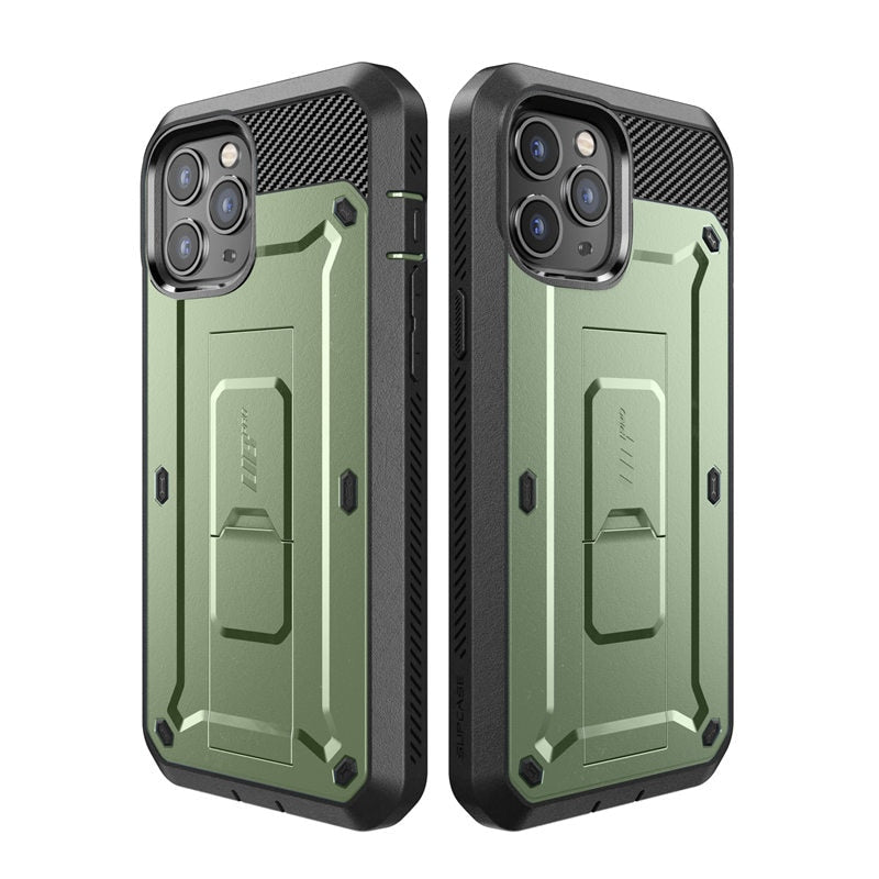 IPhone 13 Pro Max UB Pro Full-Body Rugged Holster Case in various colors with built-in screen protector and kickstand.