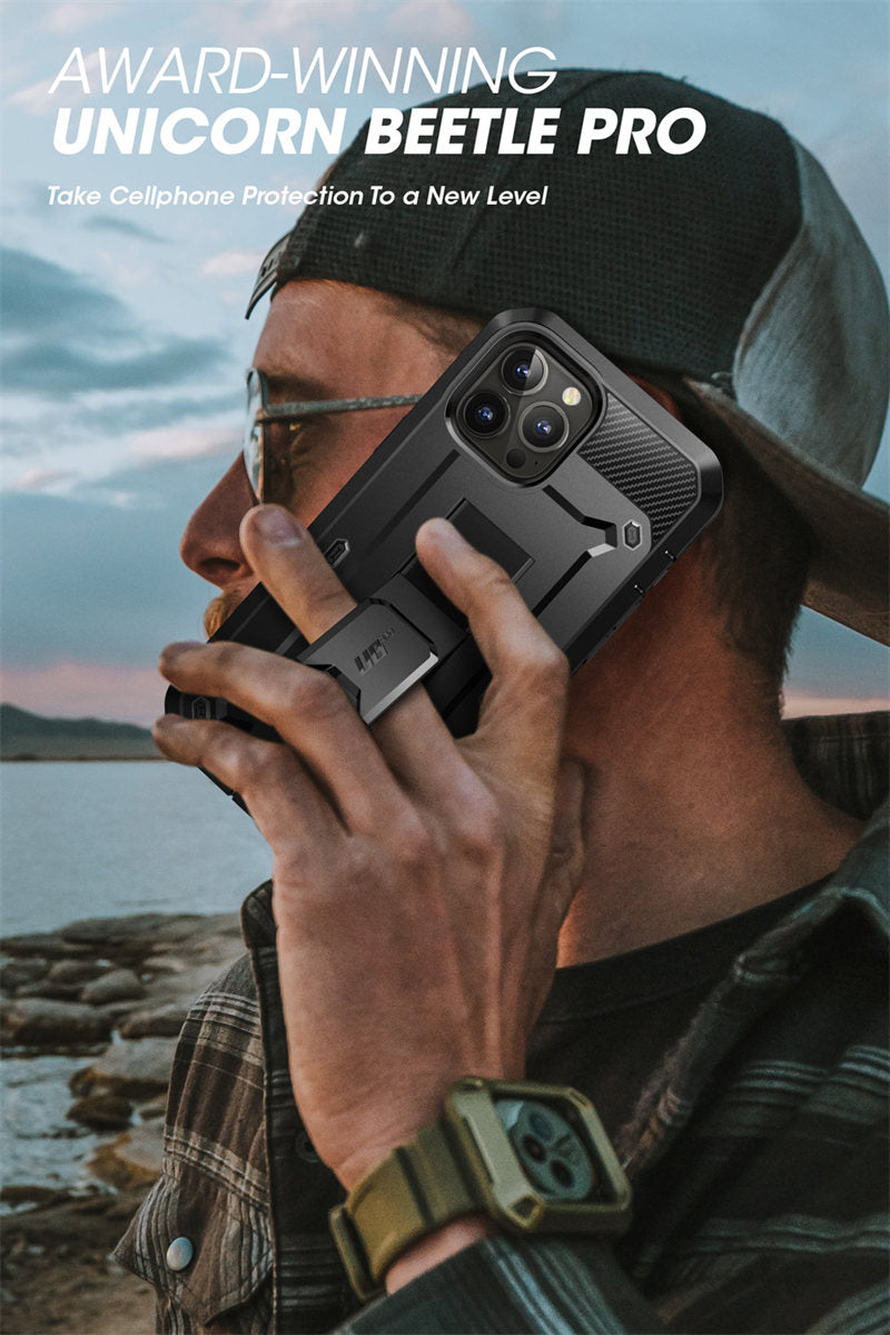 IPhone 13 Pro Max UB Pro Full-Body Rugged Holster Case in various colors with built-in screen protector and kickstand.
