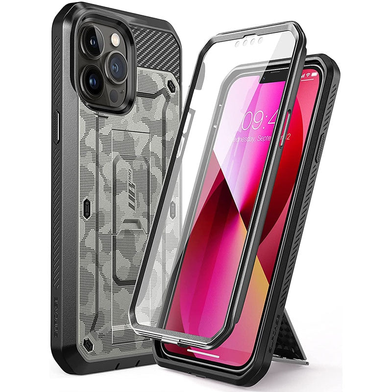 IPhone 13 Pro Max UB Pro Full-Body Rugged Holster Case in various colors with built-in screen protector and kickstand.