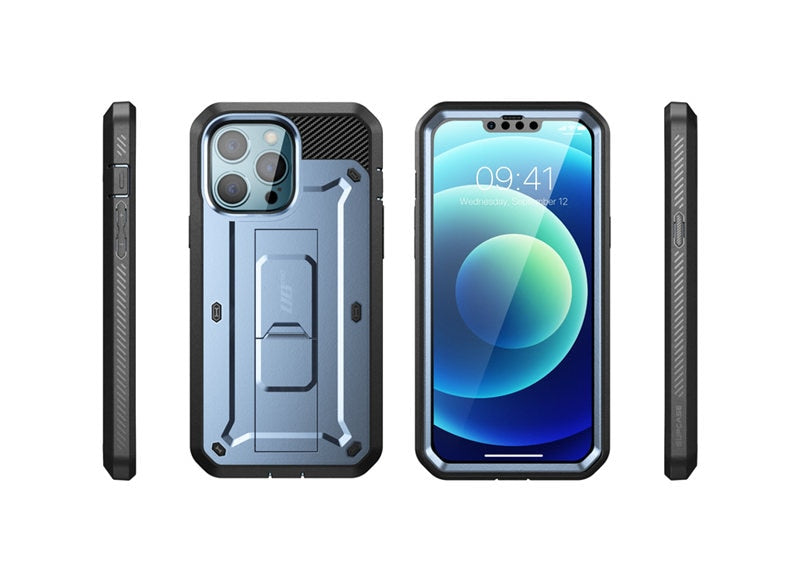 IPhone 13 Pro Max UB Pro Full-Body Rugged Holster Case in various colors with built-in screen protector and kickstand.