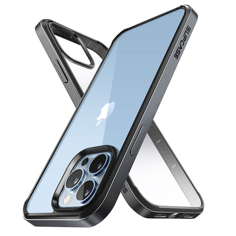 IPhone 13 Pro Max UB Edge Slim Frame Case in black and cerulean, showcasing its hybrid clear bumper design.