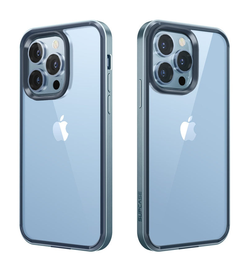 IPhone 13 Pro Max UB Edge Slim Frame Case in black and cerulean, showcasing its hybrid clear bumper design.