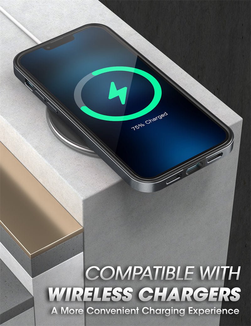 IPhone 13 Pro Max UB Edge Slim Frame Case in black and cerulean, showcasing its hybrid clear bumper design.