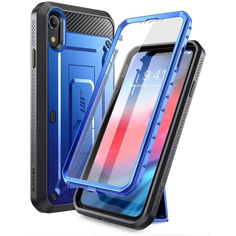 iPhone XR UB Pro Full-Body Rugged Holster Case in various colors with built-in screen protector and kickstand.