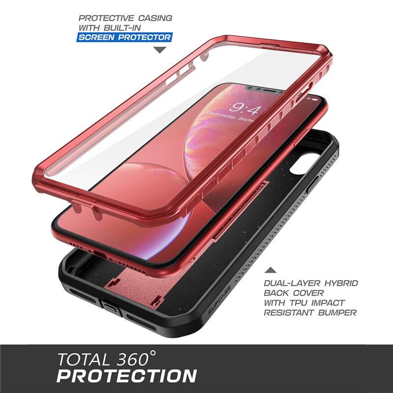 iPhone XR UB Pro Full-Body Rugged Holster Case in various colors with built-in screen protector and kickstand.
