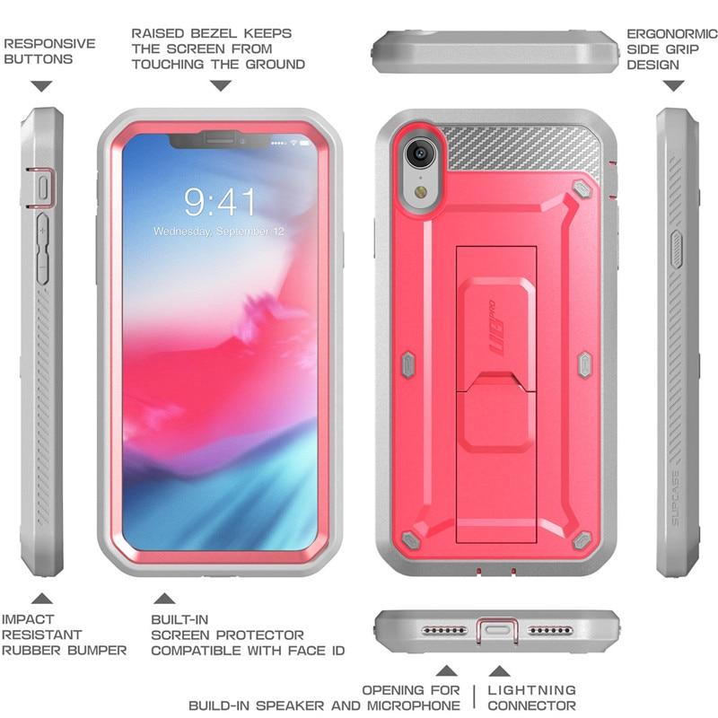 iPhone XR UB Pro Full-Body Rugged Holster Case in various colors with built-in screen protector and kickstand.