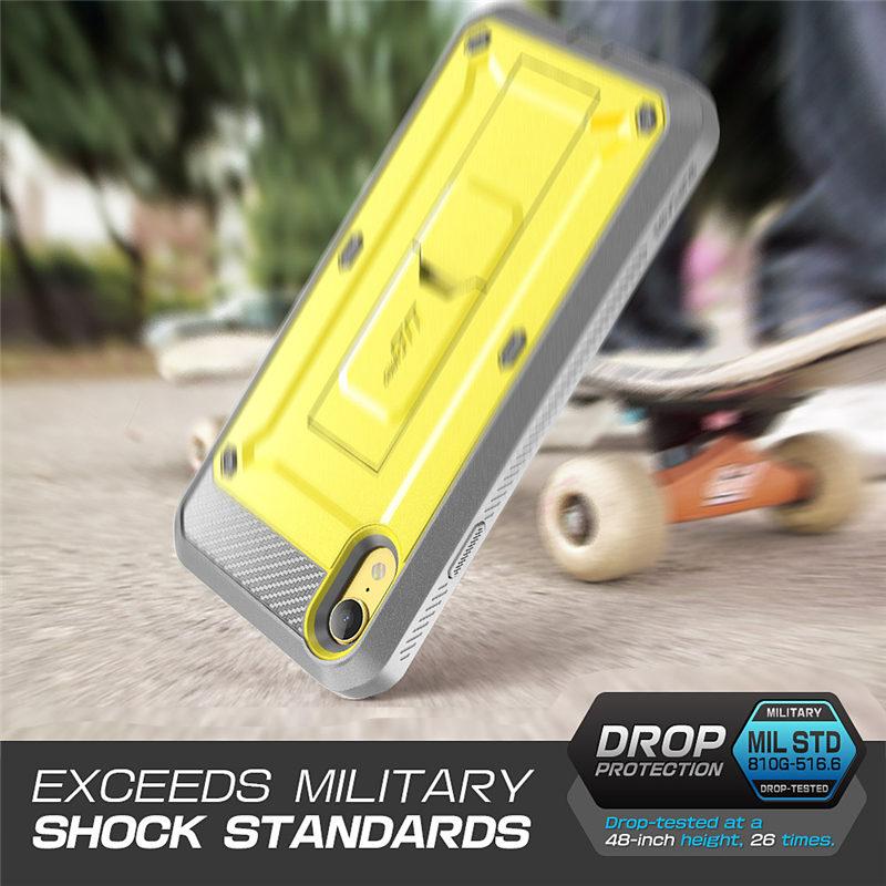 iPhone XR UB Pro Full-Body Rugged Holster Case in various colors with built-in screen protector and kickstand.