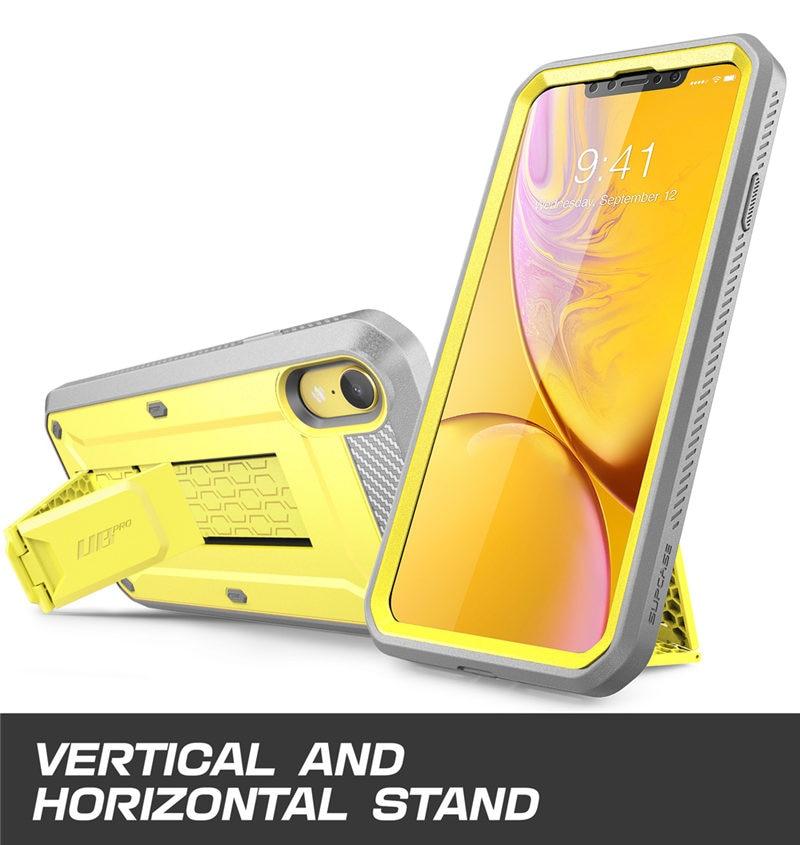 iPhone XR UB Pro Full-Body Rugged Holster Case in various colors with built-in screen protector and kickstand.