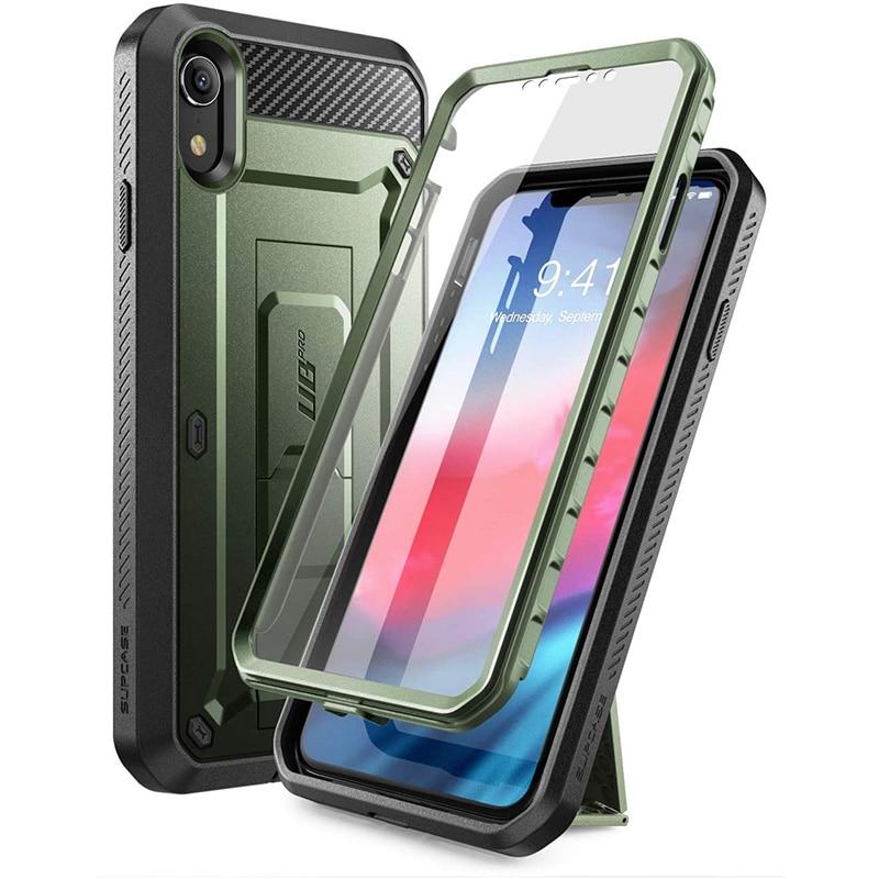 iPhone XR UB Pro Full-Body Rugged Holster Case in various colors with built-in screen protector and kickstand.