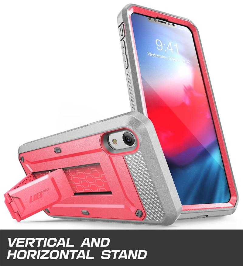 iPhone XR UB Pro Full-Body Rugged Holster Case in various colors with built-in screen protector and kickstand.