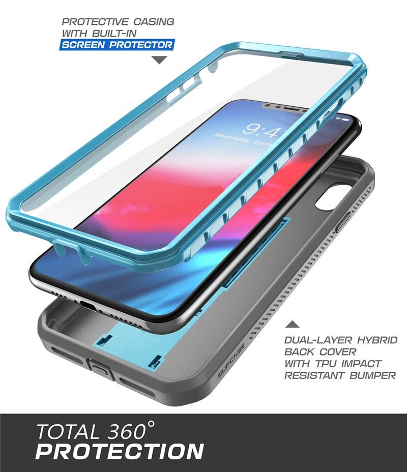 iPhone XR UB Pro Full-Body Rugged Holster Case in various colors with built-in screen protector and kickstand.