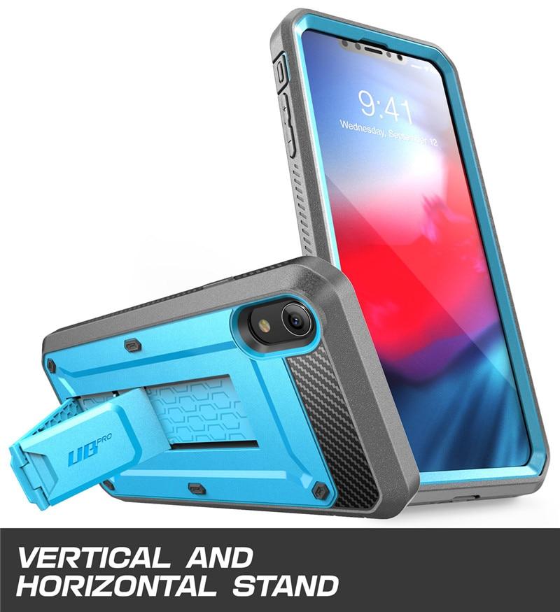 iPhone XR UB Pro Full-Body Rugged Holster Case in various colors with built-in screen protector and kickstand.