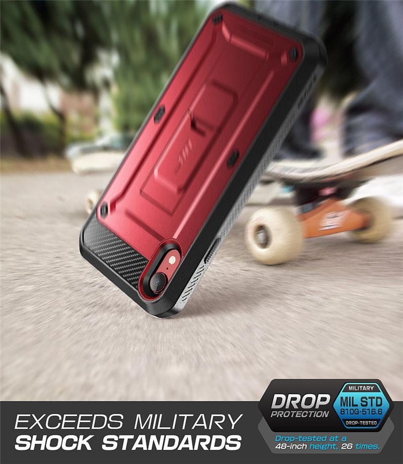 iPhone XR UB Pro Full-Body Rugged Holster Case in various colors with built-in screen protector and kickstand.