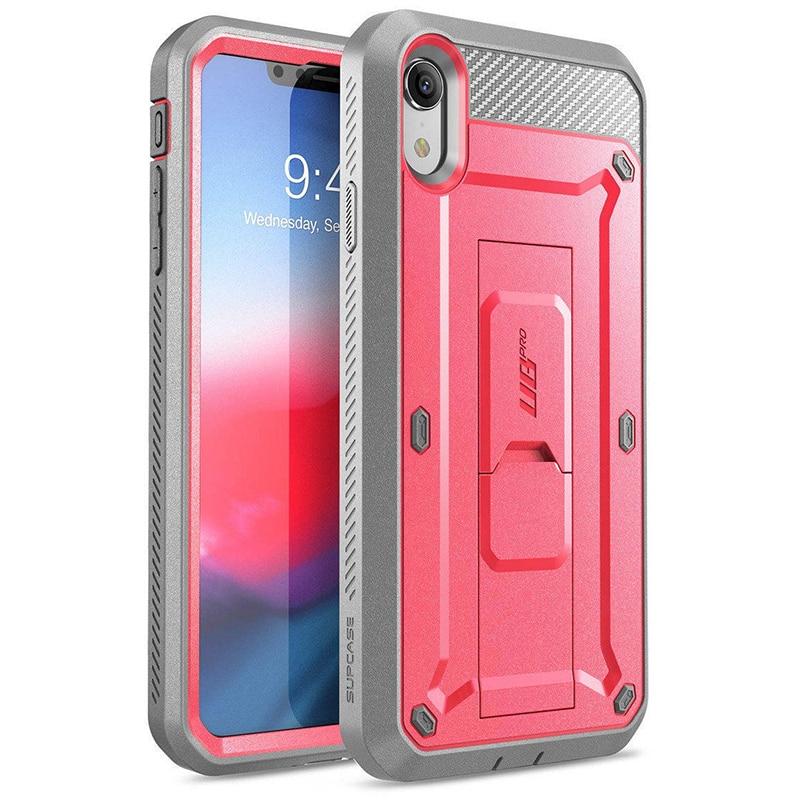 iPhone XR UB Pro Full-Body Rugged Holster Case in various colors with built-in screen protector and kickstand.