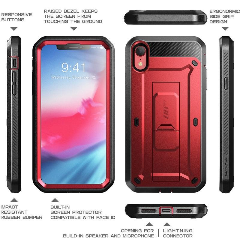 iPhone XR UB Pro Full-Body Rugged Holster Case in various colors with built-in screen protector and kickstand.