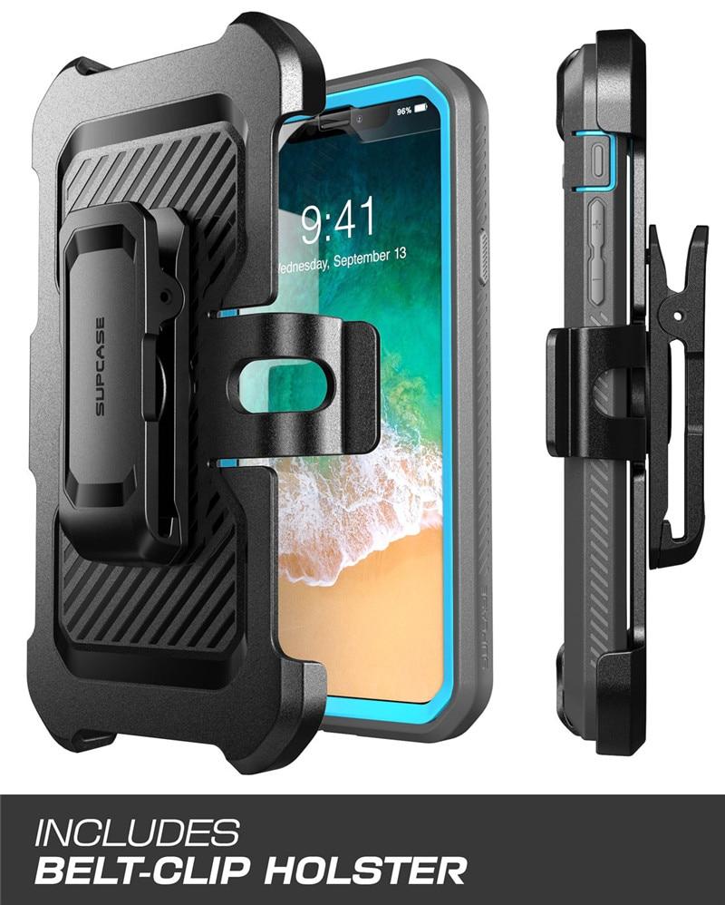 iPhone XR UB Pro Full-Body Rugged Holster Case in various colors with built-in screen protector and kickstand.