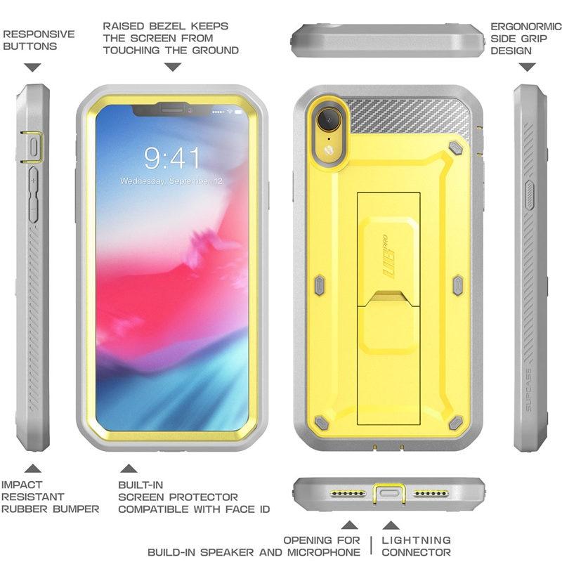iPhone XR UB Pro Full-Body Rugged Holster Case in various colors with built-in screen protector and kickstand.