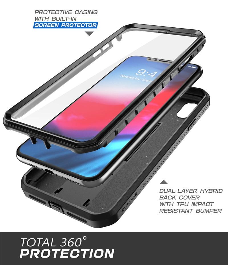 iPhone XR UB Pro Full-Body Rugged Holster Case in various colors with built-in screen protector and kickstand.