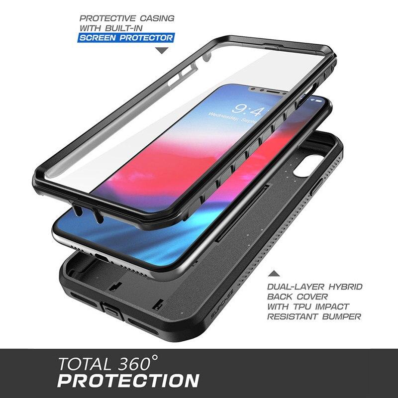 iPhone XR UB Pro Full-Body Rugged Holster Case in various colors with built-in screen protector and kickstand.